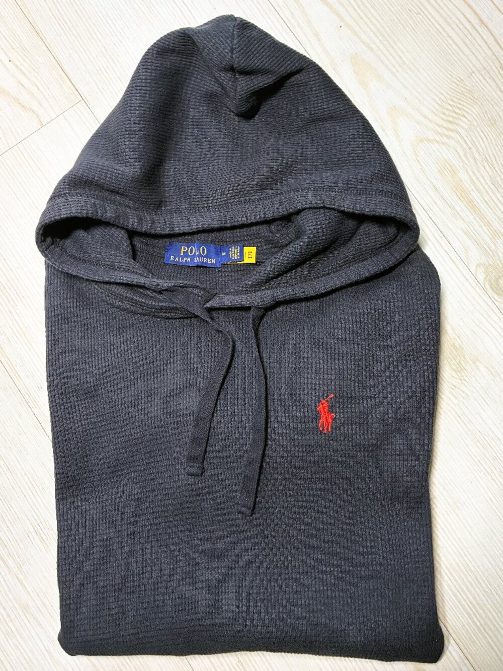 Polo Ralph Lauren Men’s Waffle Knit Thermal Hoodie Black Red Pony Size Medium